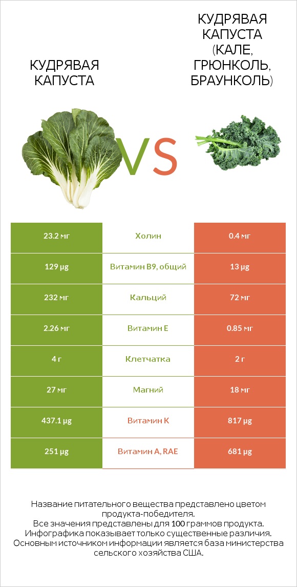 Кудрявая капуста vs Кудрявая капуста (кале, грюнколь, браунколь) infographic