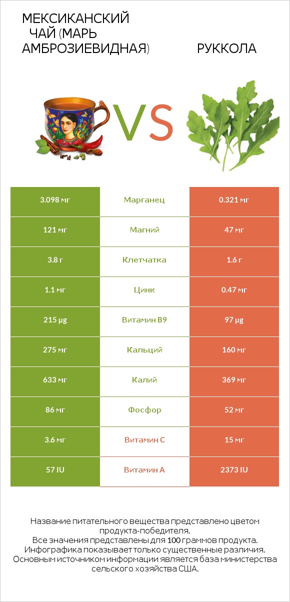 Мексиканский чай (Марь амброзиевидная) vs Руккола infographic