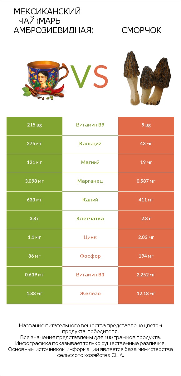 Мексиканский чай (Марь амброзиевидная) vs Сморчок infographic