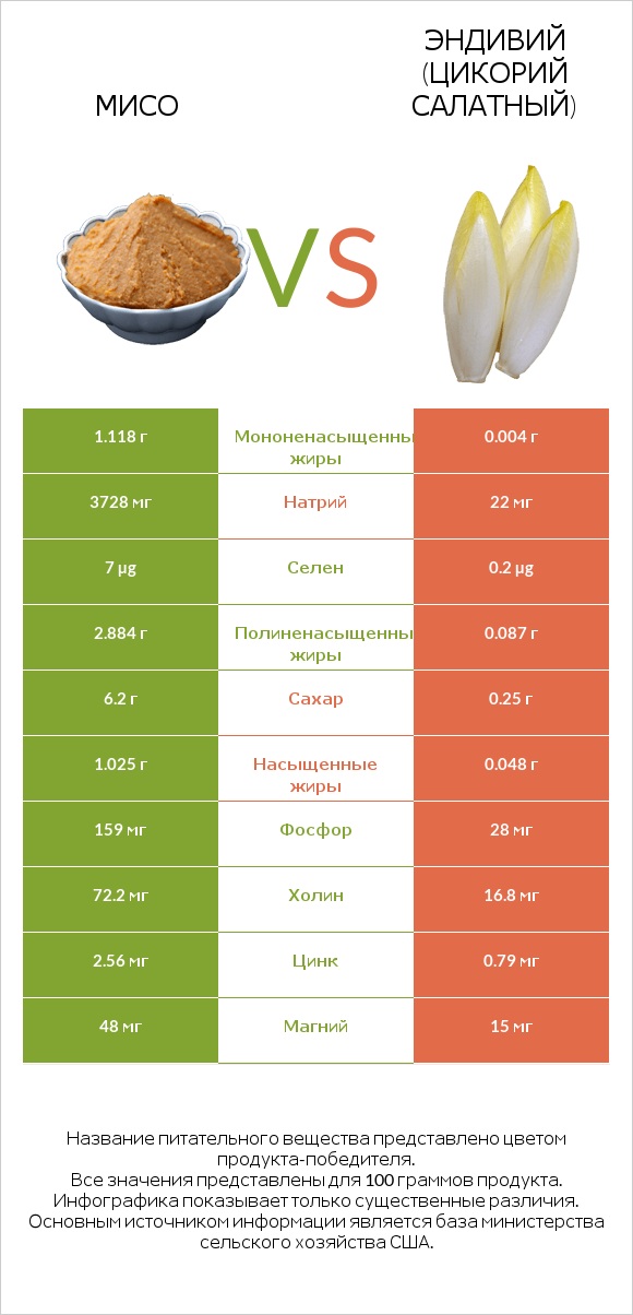 Мисо vs Эндивий (Цикорий салатный)  infographic