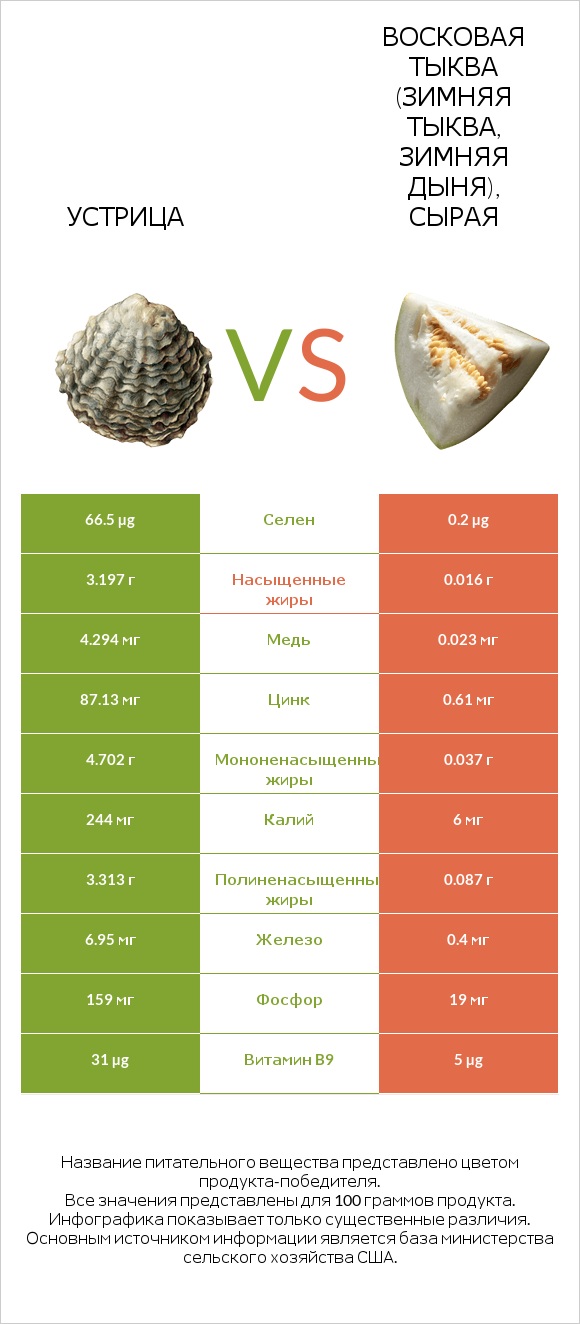 Устрица vs Восковая тыква (зимняя тыква, зимняя дыня), сырая infographic