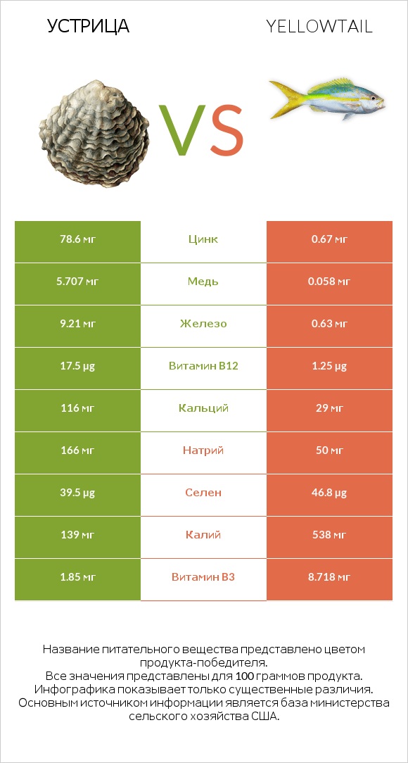 Устрица vs Yellowtail infographic