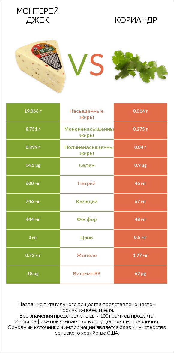 Монтерей Джек vs Кориандр infographic