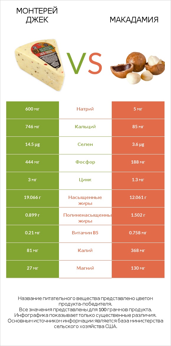 Монтерей Джек vs Макадамия infographic
