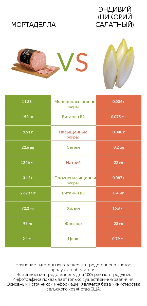 Мортаделла vs Эндивий (Цикорий салатный)  infographic