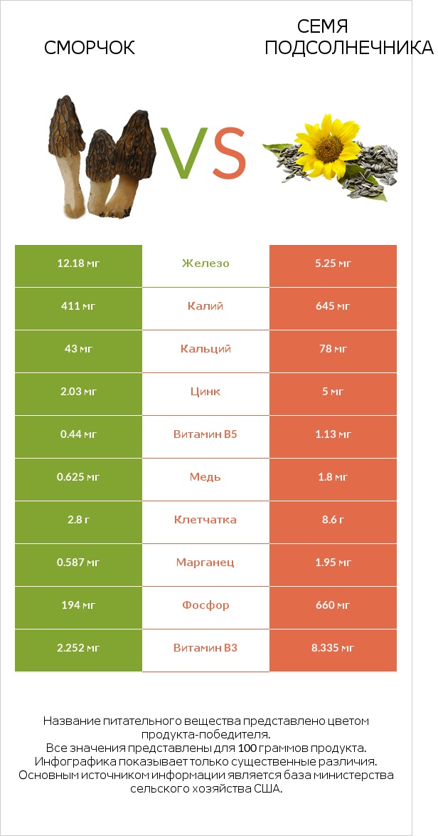 Сморчок vs Семя подсолнечника infographic