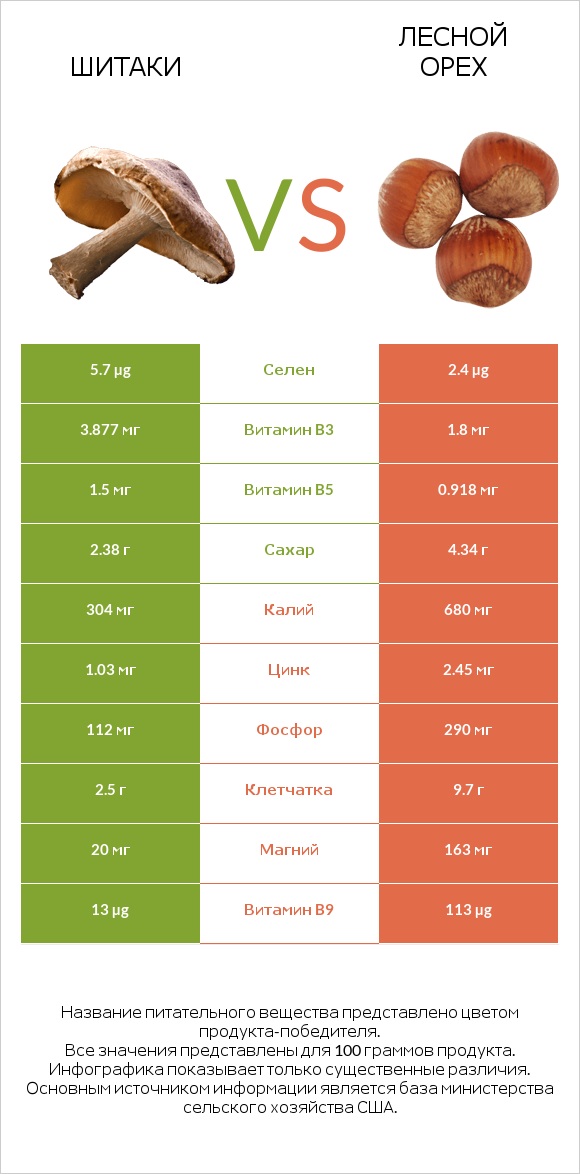 Шитаки vs Лесной орех infographic