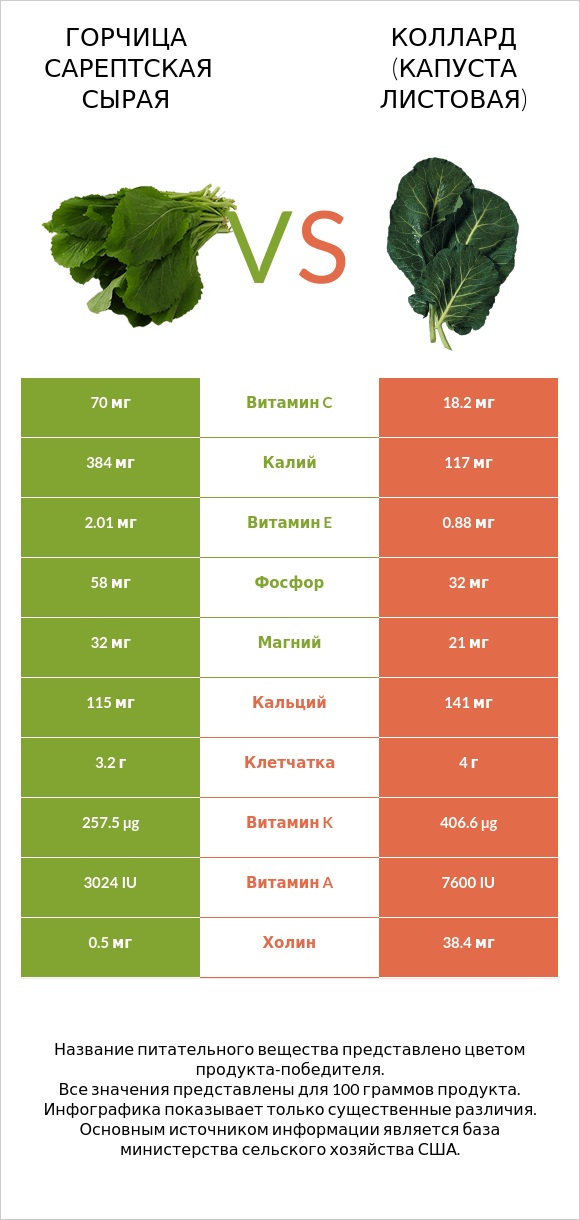 Горчица сарептская сырая vs Коллард (капуста листовая) infographic