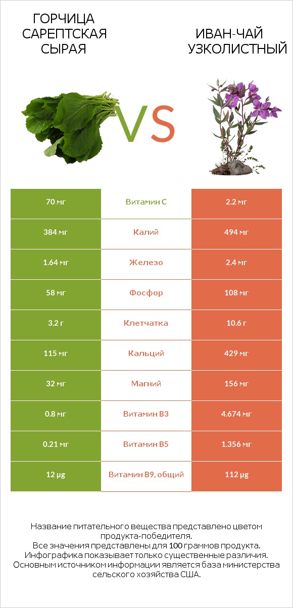Горчица сарептская сырая vs Иван-чай узколистный infographic
