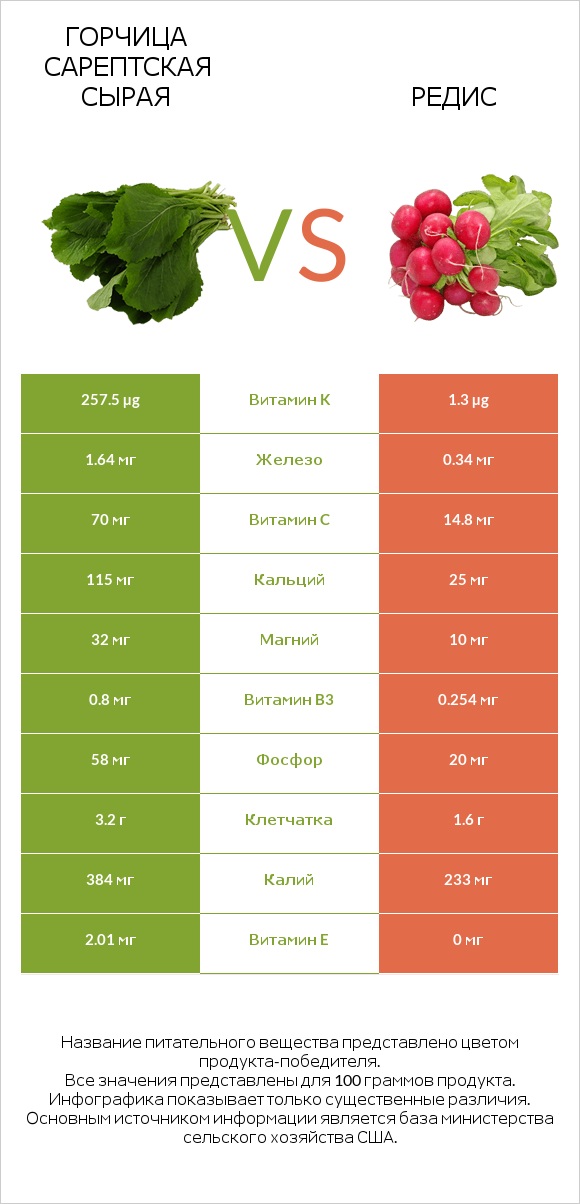 Горчица сарептская сырая vs Редис infographic