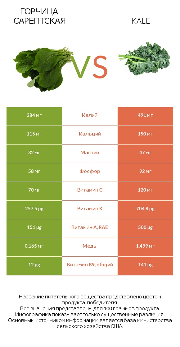 Горчица сарептская vs Kale infographic