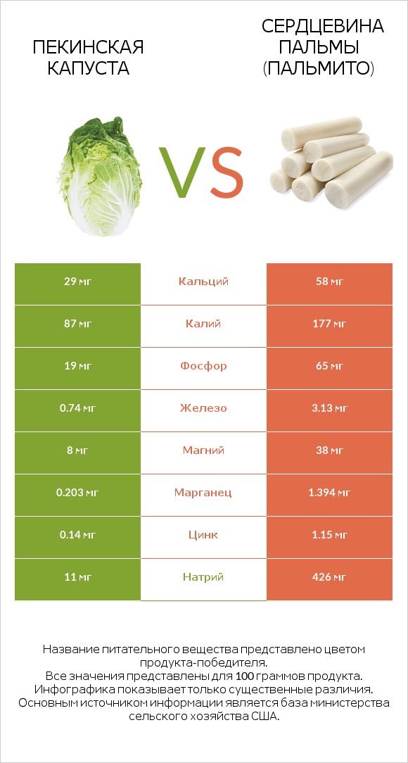 Пекинская капуста vs Сердцевина пальмы (пальмито) infographic