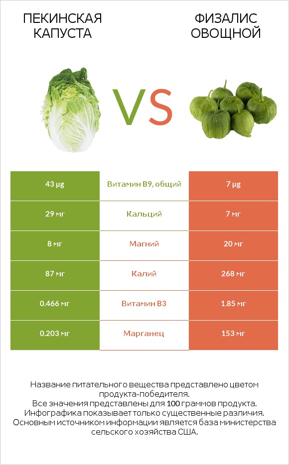 Пекинская капуста vs Физалис овощной infographic