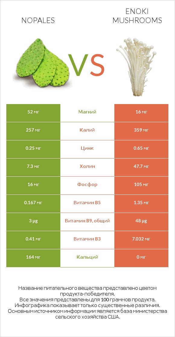 Nopales vs Enoki mushrooms infographic