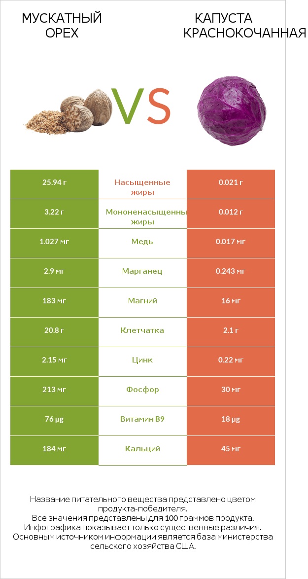 Мускатный орех vs Капуста краснокочанная infographic