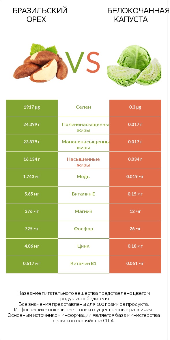 Бразильский орех vs Белокочанная капуста infographic