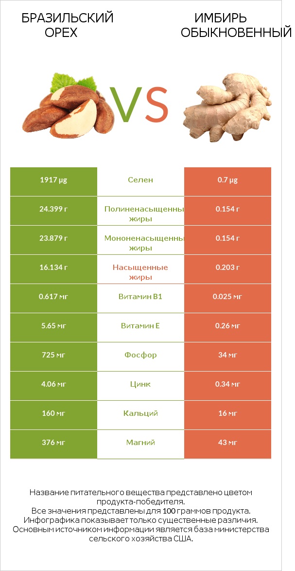 Бразильский орех vs Имбирь обыкновенный infographic