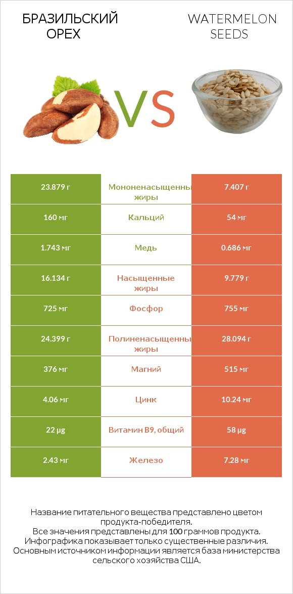 Бразильский орех vs Watermelon seeds infographic