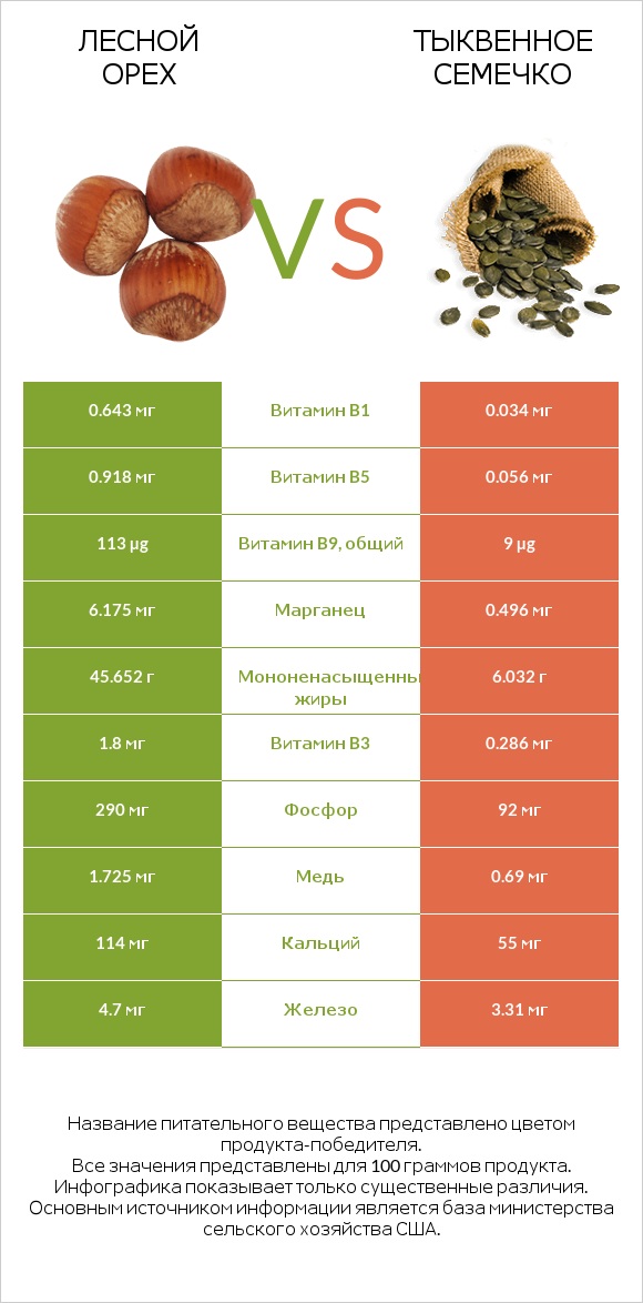 Лесной орех vs Тыквенное семечко infographic