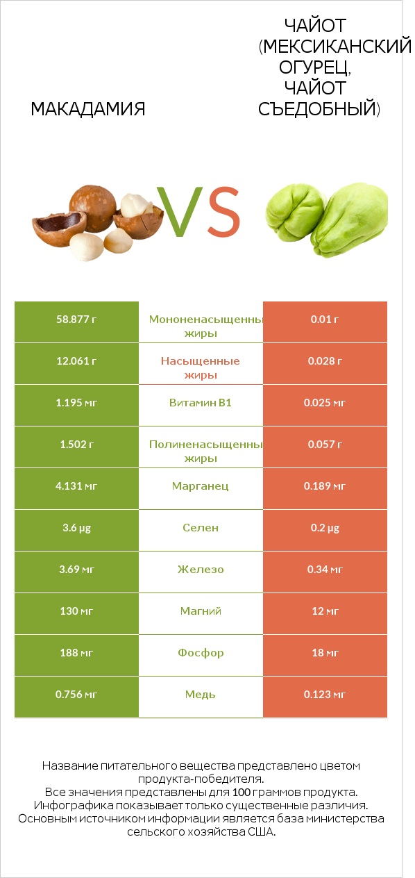Макадамия vs Чайот (мексиканский огурец, чайот съедобный) infographic