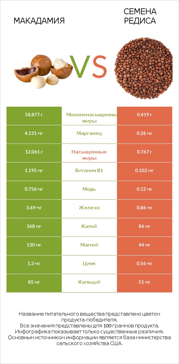 Макадамия vs Семена редиса infographic