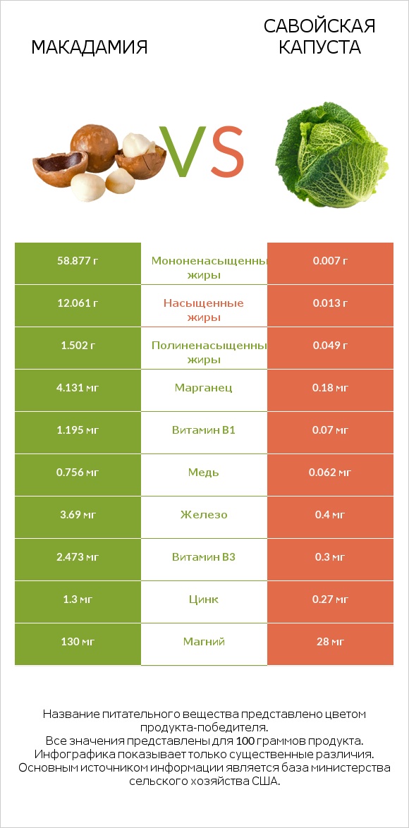 Макадамия vs Савойская капуста infographic