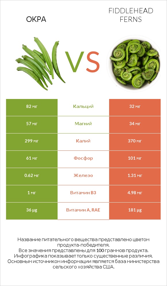Окра vs Fiddlehead ferns infographic