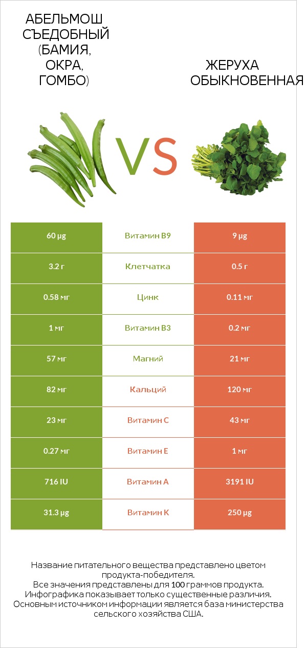 Абельмош съедобный (бамия, окра, гомбо) vs Жеруха обыкновенная infographic