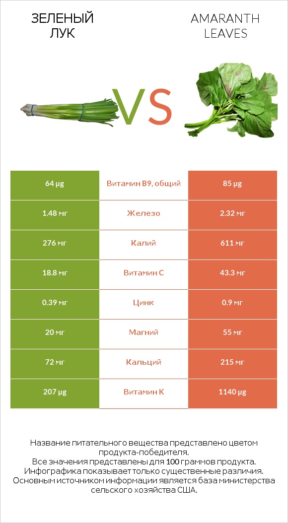 Зеленый лук vs Листья амаранта infographic