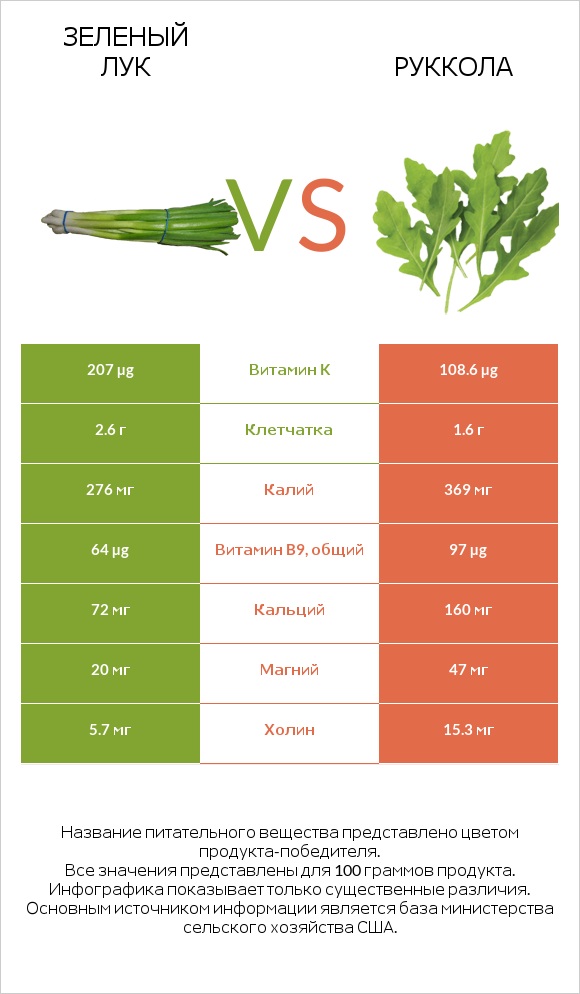 Зеленый лук vs Руккола infographic