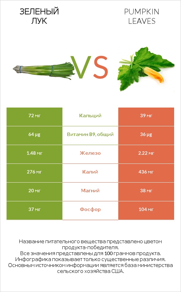 Зеленый лук vs Листья тыквы infographic