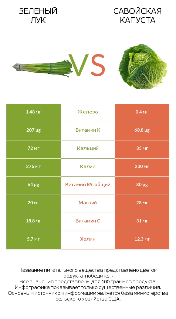 Зеленый лук vs Савойская капуста infographic