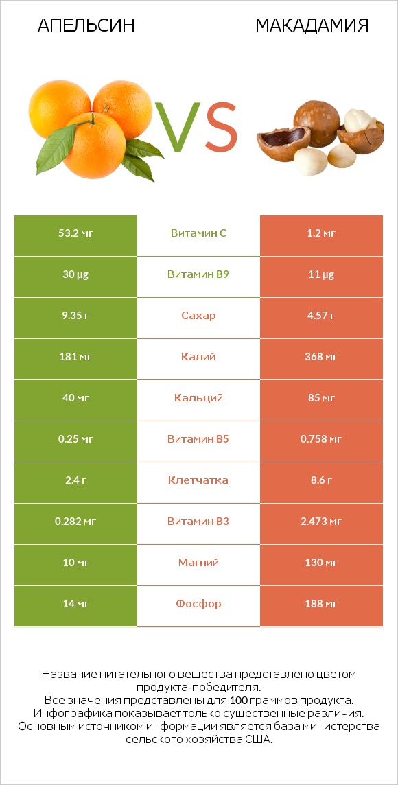 Апельсин vs Макадамия infographic