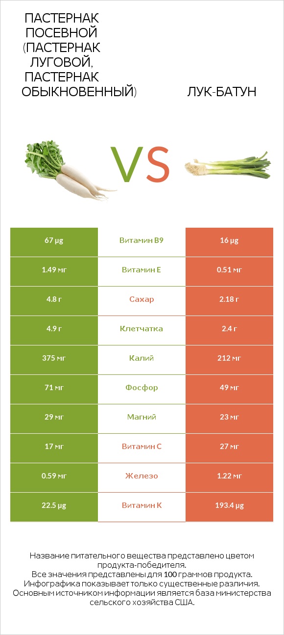 Пастернак посевной (Пастернак луговой, Пастернак обыкновенный) vs Лук-батун infographic