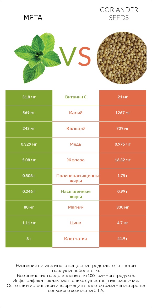 Мята vs Coriander seeds infographic
