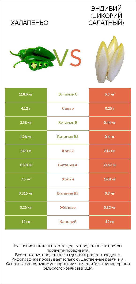 Халапеньо vs Эндивий (Цикорий салатный)  infographic