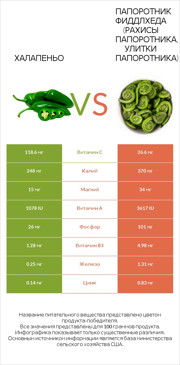 Халапеньо vs Папоротник Фиддлхеда (Рахисы папоротника, улитки папоротника) infographic