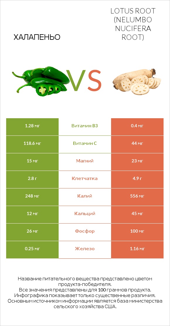 Халапеньо vs Lotus root infographic