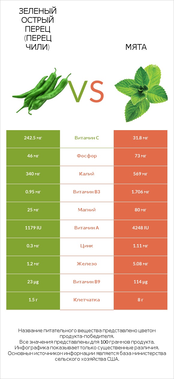 Зеленый острый перец (перец чили) vs Мята infographic