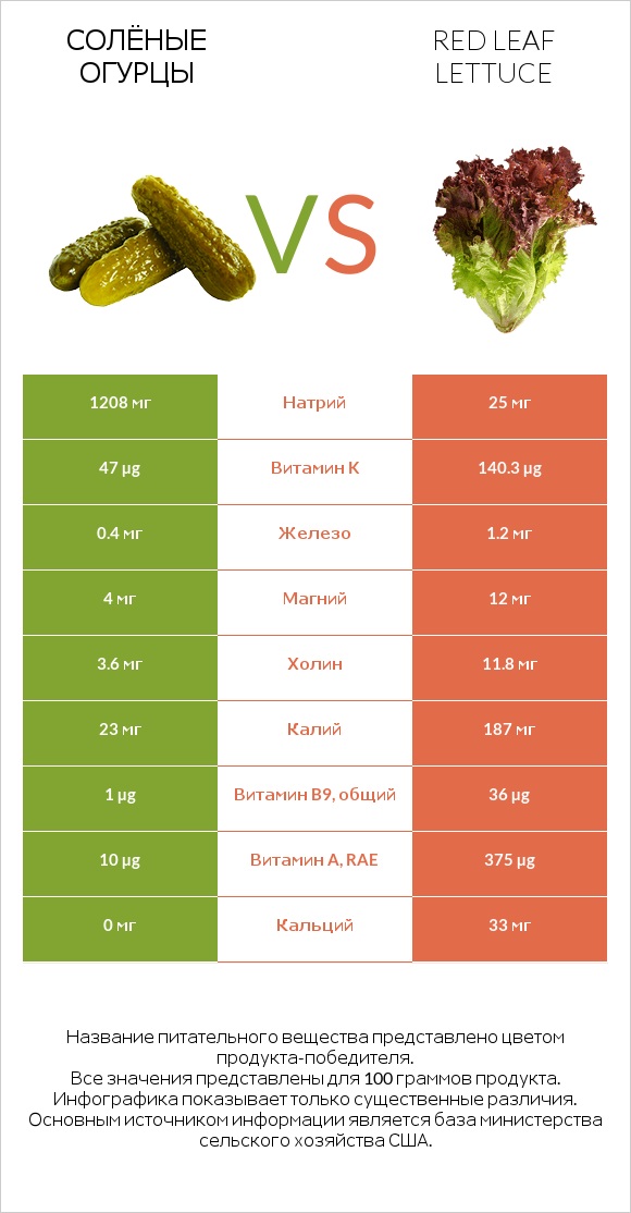 Солёные огурцы vs Red leaf lettuce infographic