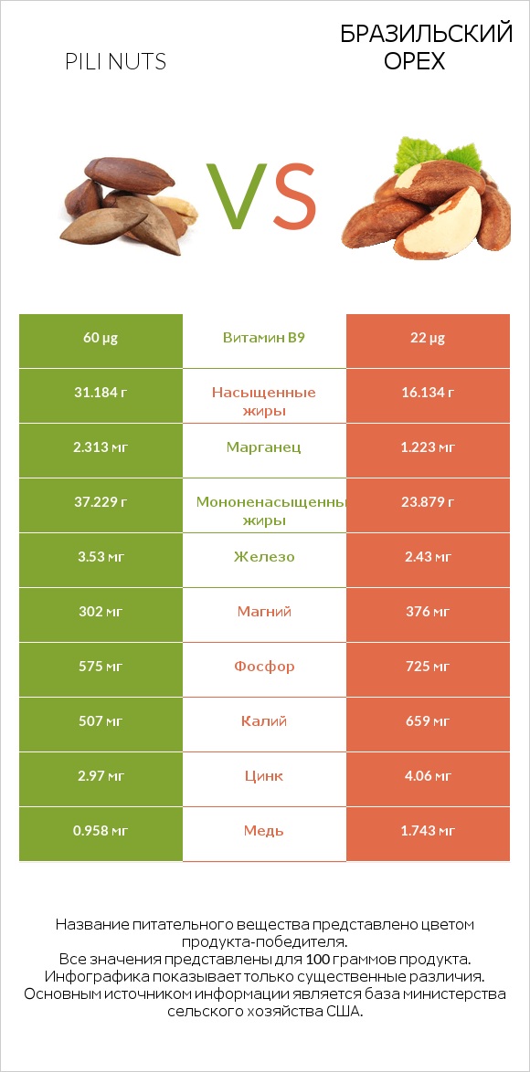 Pili nuts vs Бразильский орех infographic