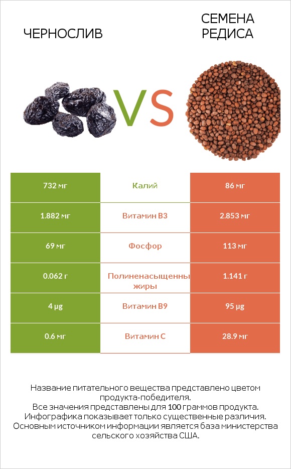 Чернослив vs Семена редиса infographic