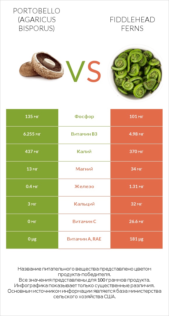 Portobello vs Fiddlehead ferns infographic