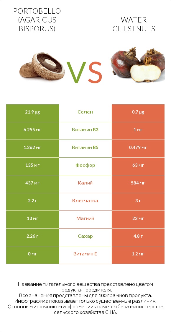 Portobello vs Water chestnuts infographic