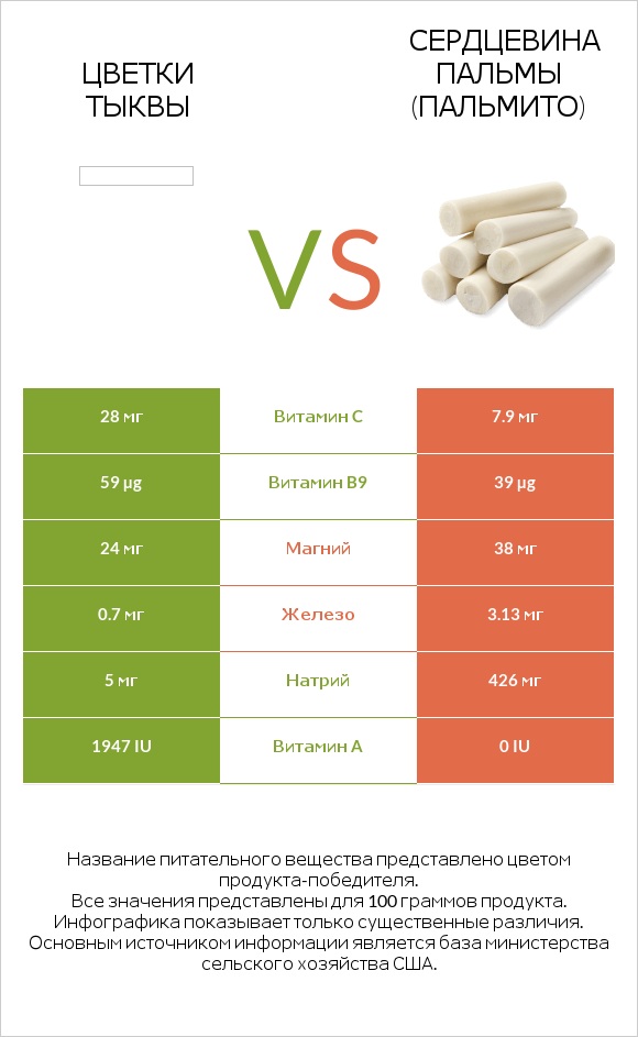 Цветки тыквы vs Сердцевина пальмы (пальмито) infographic