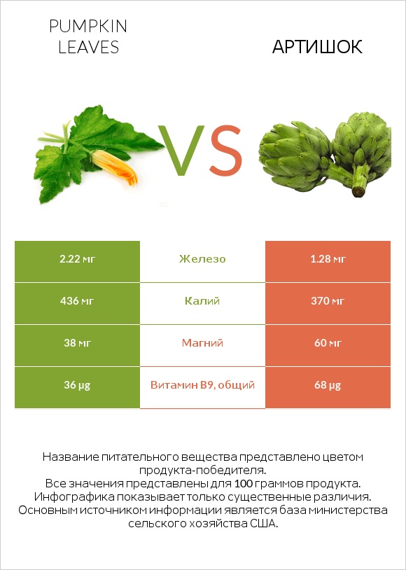 Pumpkin leaves vs Артишок infographic