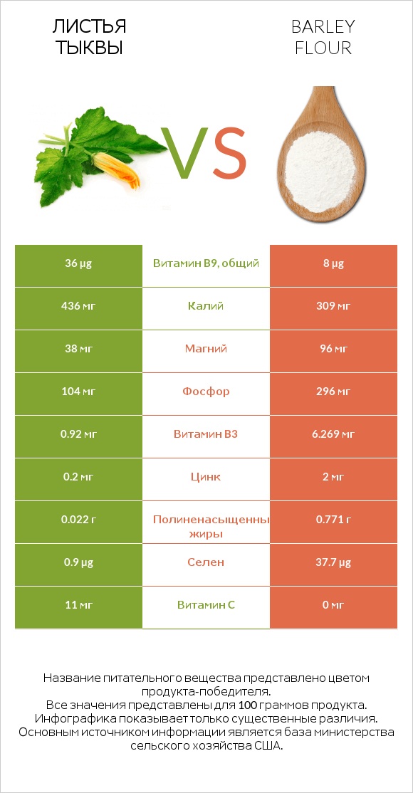 Листья тыквы vs Barley flour infographic