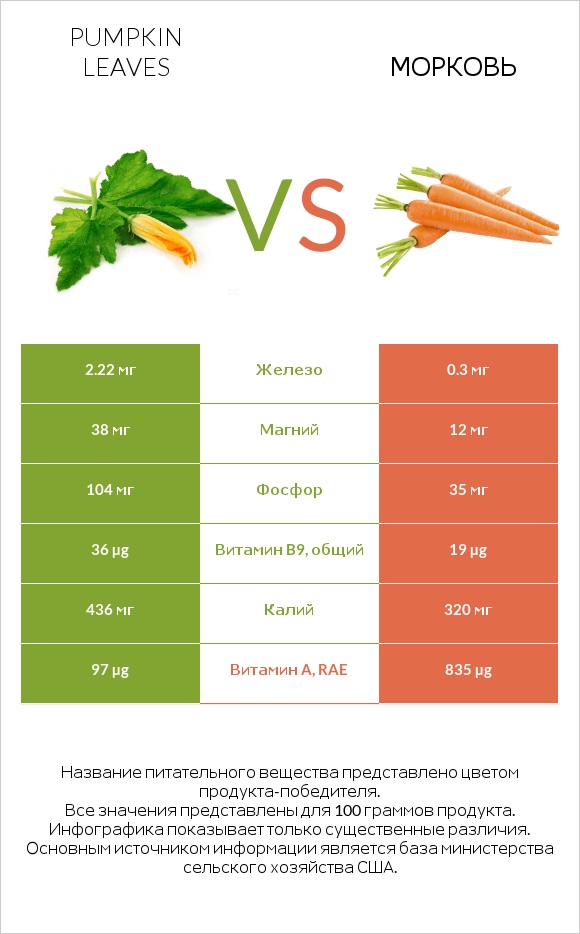Pumpkin leaves vs Морковь infographic