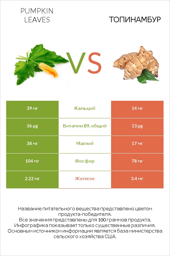 Pumpkin leaves vs Топинамбур infographic