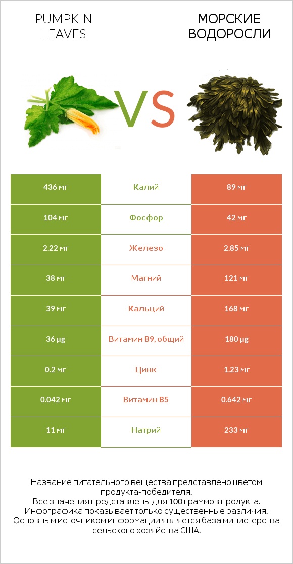 Pumpkin leaves vs Морские водоросли infographic